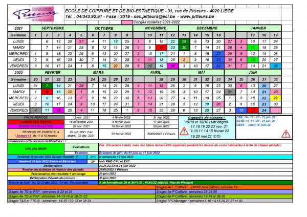 Calendrier 2021 2022 
